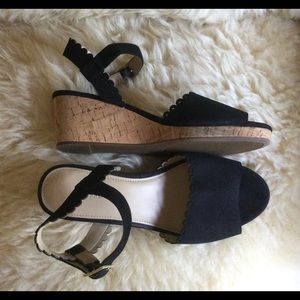 Lands End, cork wedge sandal, black suede
